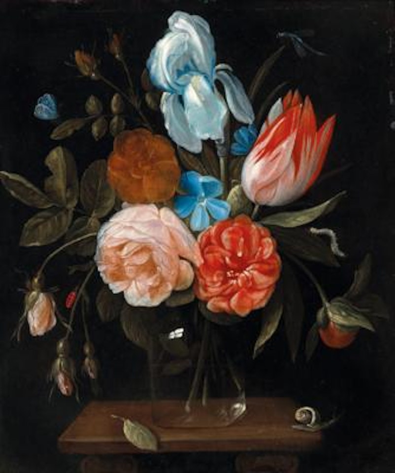 Roses, a tulip, a lily and forget-me-nots in a glass vase by Jan Van Kessel The Elder
