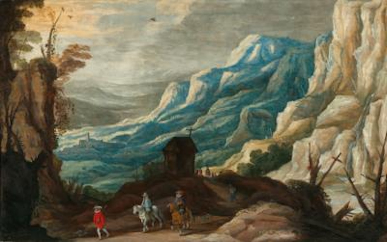 A mountainous landscape with travellers in the foreground by Joos de Momper the Younger
