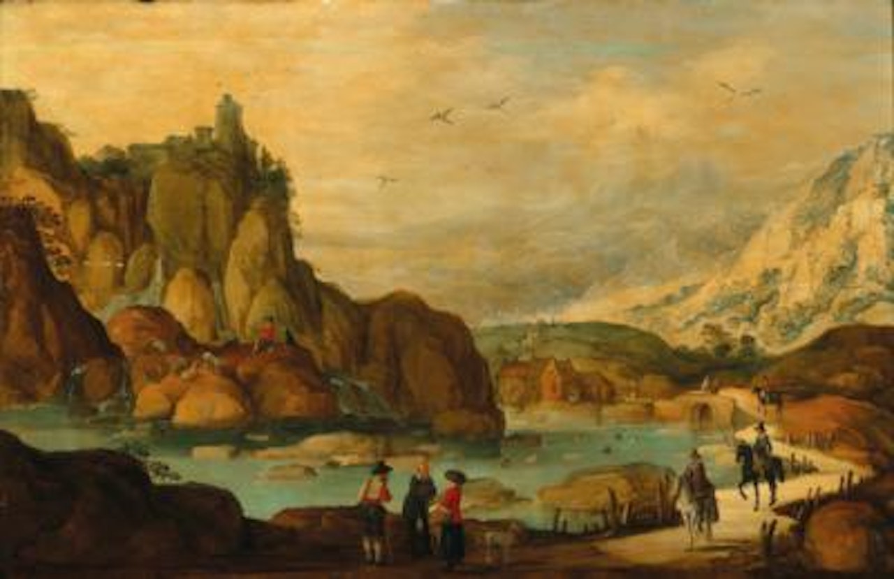 A rocky landscape with travellers on horseback near a stream by Joos de Momper the Younger
