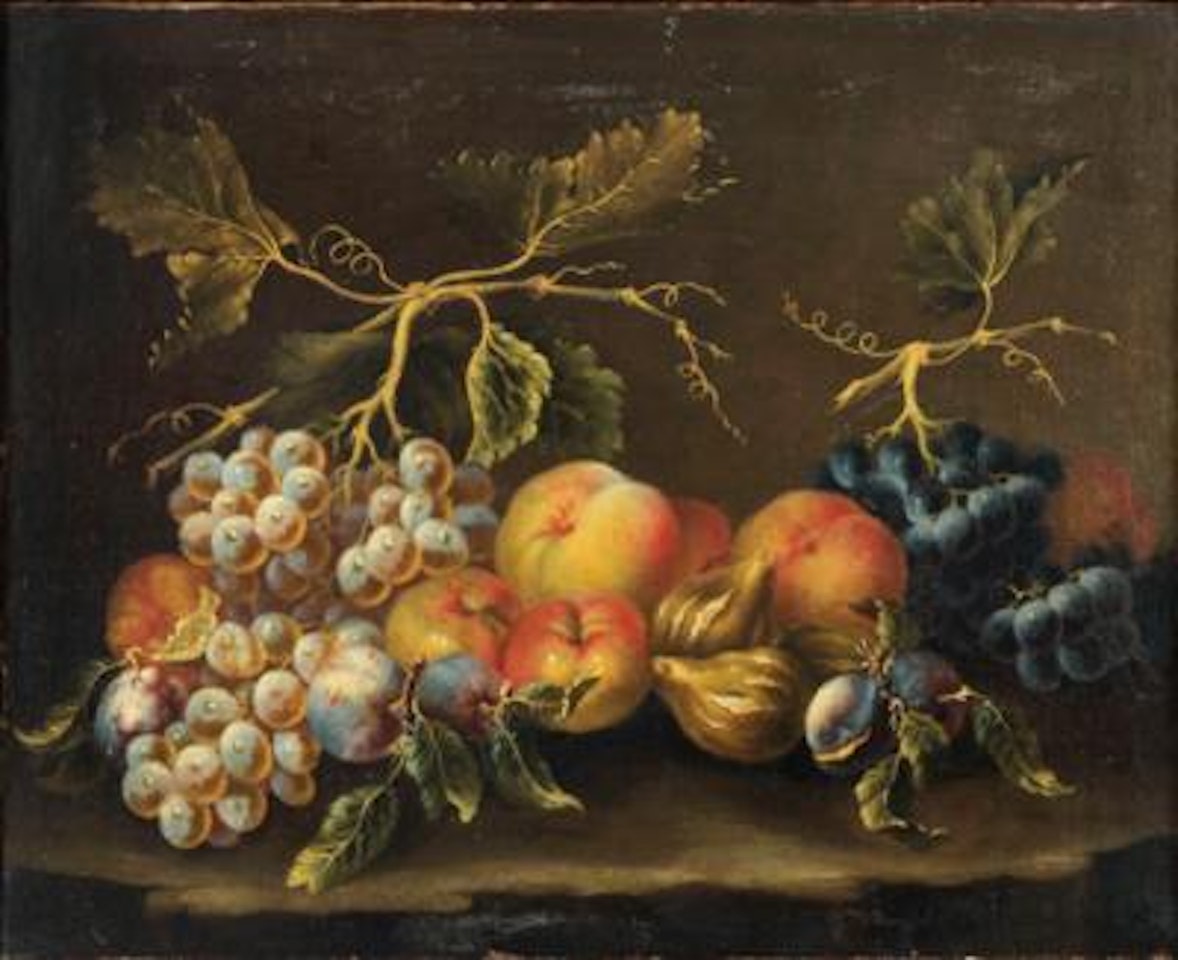 Peaches, grapes, figs and prunes on a stone ledge by Roman School