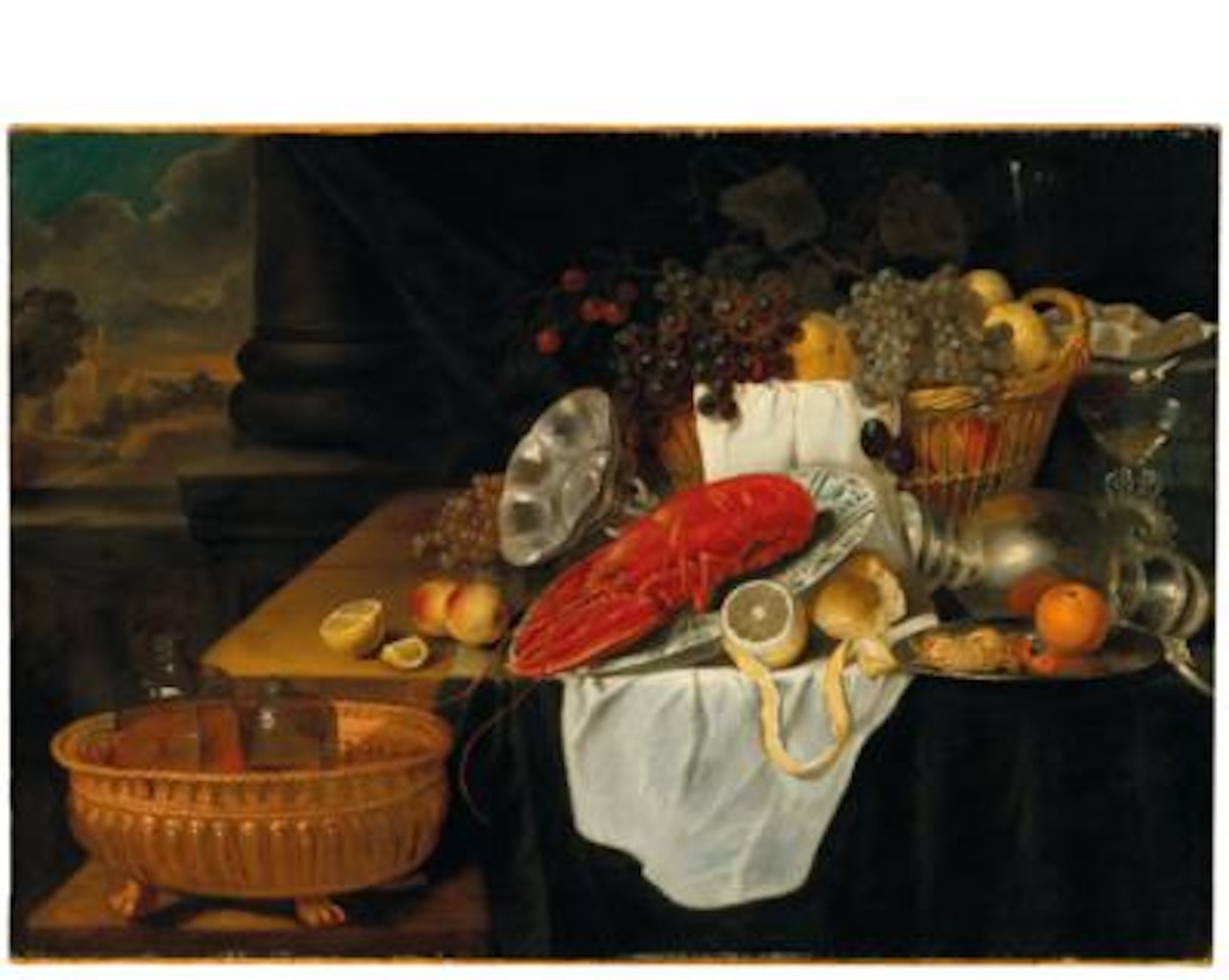 A lobster, fruit and vessels on a wooden table by Jan Davidsz de Heem