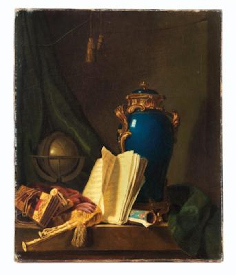 Still life with a small globe, bellows and bagpipe, music scores and a porcelain vase by French School