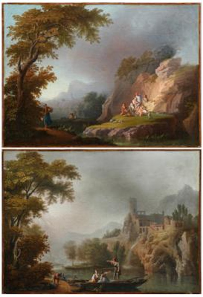 A river landscape with figures on a bank;; A river landscape with figures on a boat, a castle beyond by Carlo Bonavia