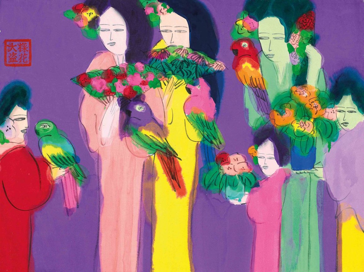 Woman with Parrots and Flowers by Walasse Ting