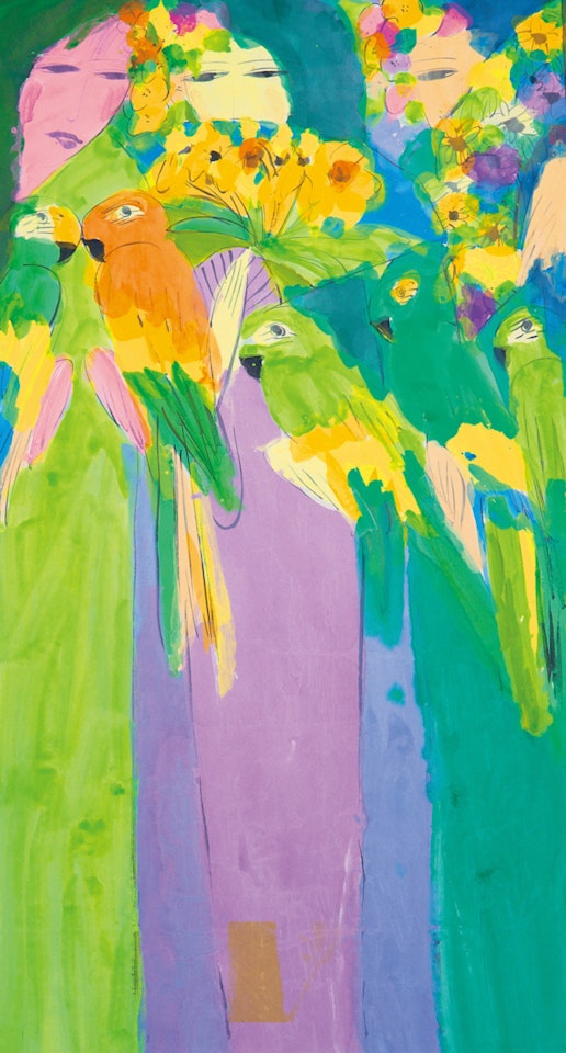 Woman with Flowers and Parrots by Walasse Ting