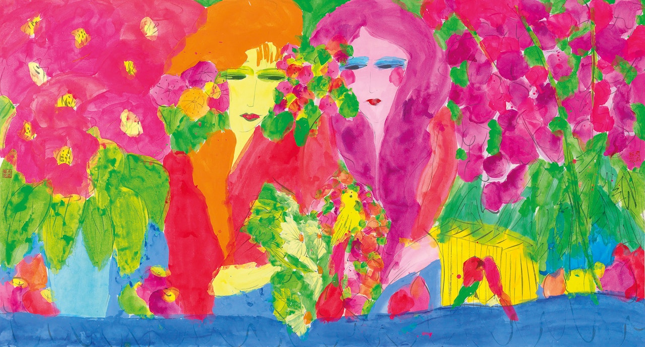 Two Girls with Flowers by Walasse Ting
