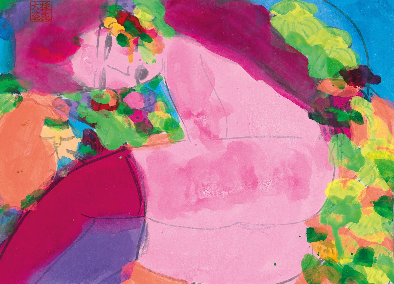 Resting Nude with Flowers and Cat by Walasse Ting