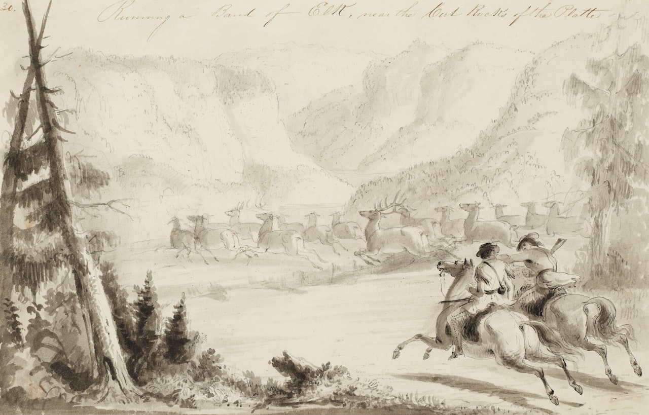 Running a Bank of Elk, Near the Cut Rocks of the Platte by Alfred Jacob Miller