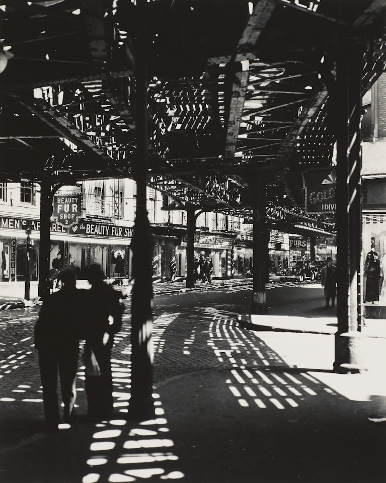 El: Second and Third Avenue Lines Bowery and Division Street, Manhattan by Berenice Abbott