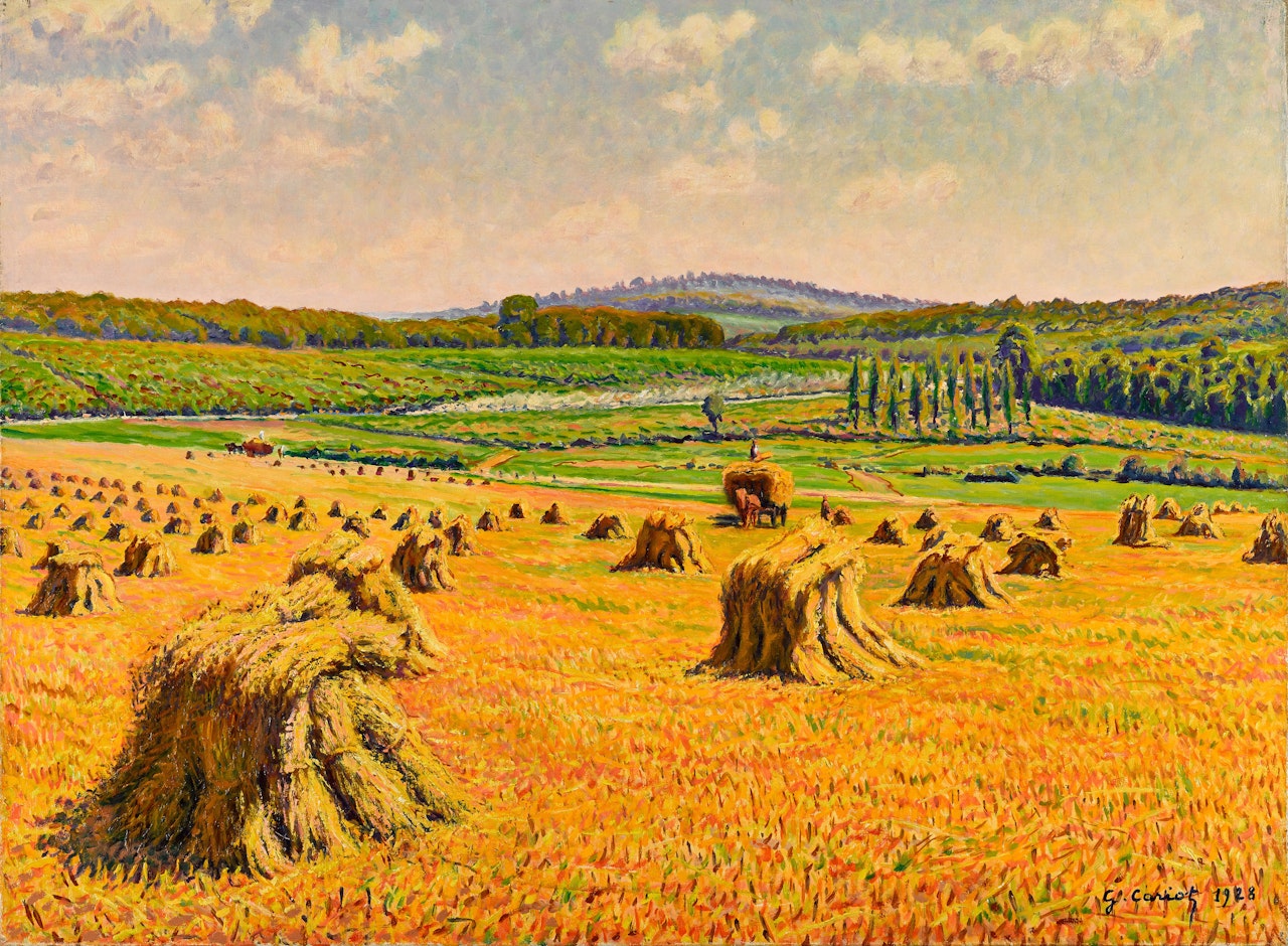 Les moissons (Paysage aux meules) by Gustave Cariot
