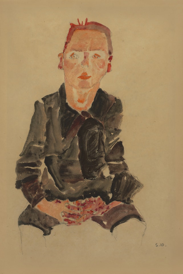 Sitzender Bub mit gefalteten Händen (recto); Bildnisstudie Dr. Oskar Reichel mit erhobener linker Hand (verso) by Egon Schiele