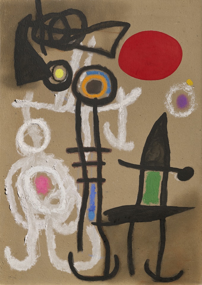 Personnages et oiseaux devant le soleil by Joan Miró