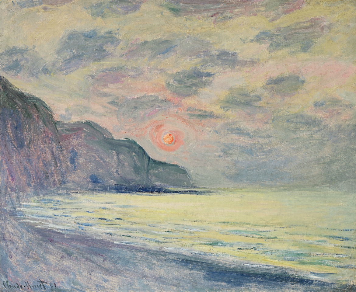 Soleil couchant, temps brumeux, Pourville by Claude Monet