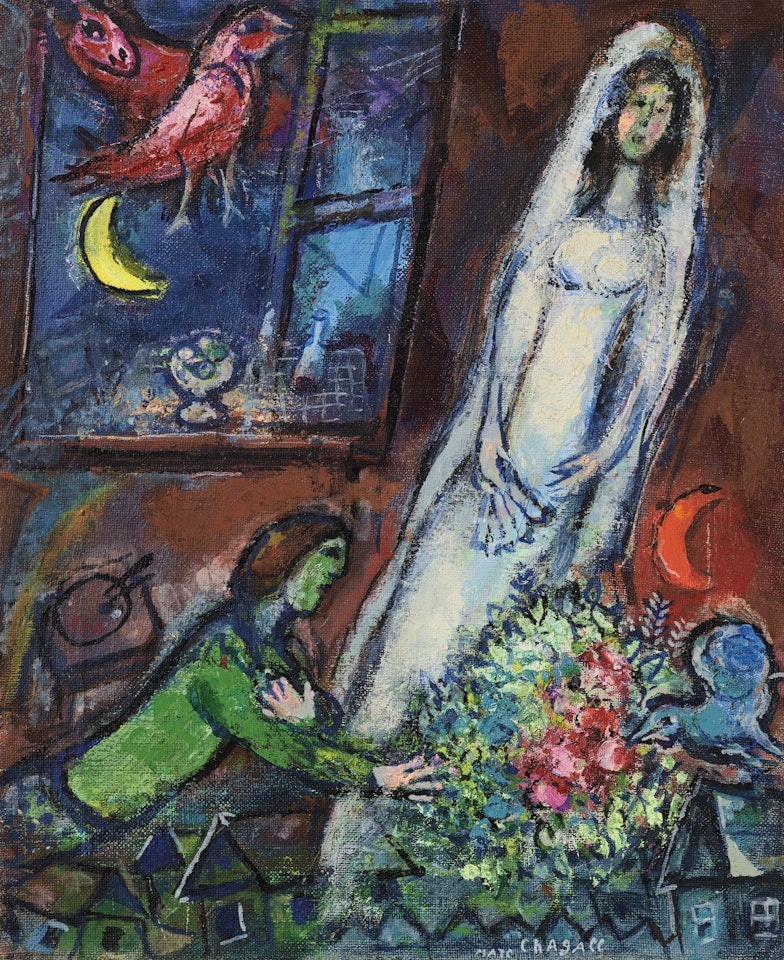 La mariée au bouquet devant la fenêtre by Marc Chagall