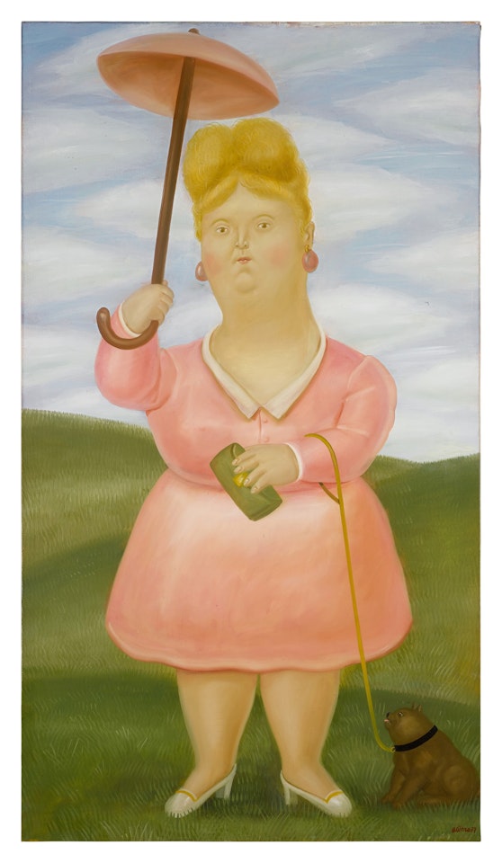 Woman with Parasol and Dog by Fernando Botero
