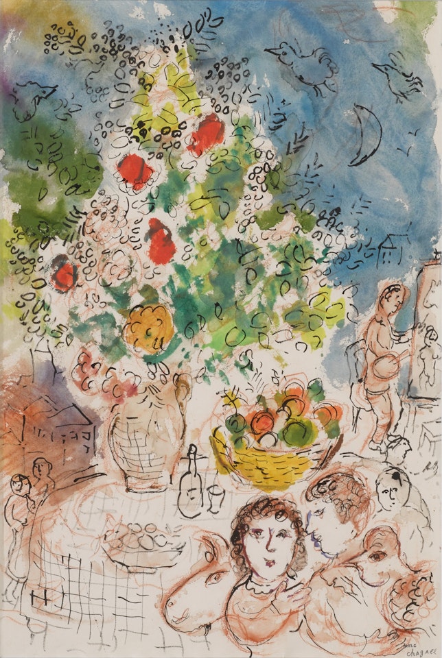 Autour de la corbeille de fruits et le bouquet by Marc Chagall