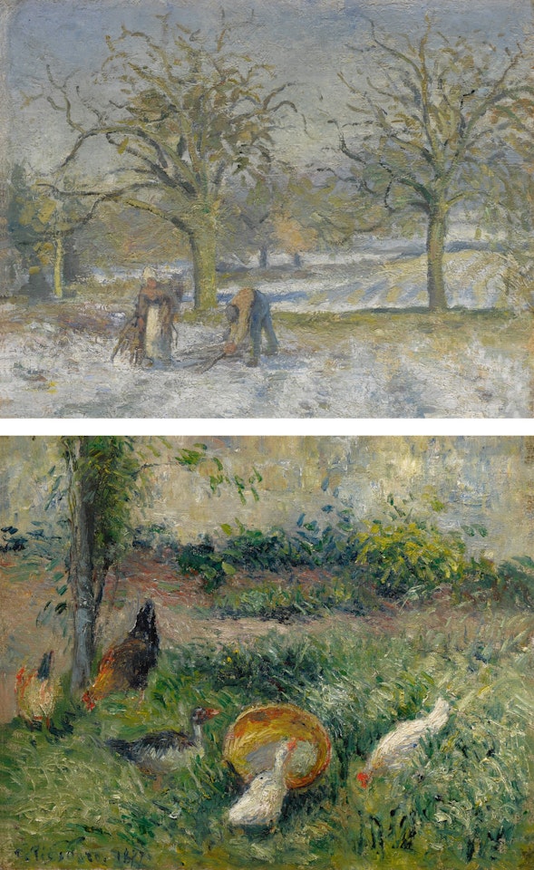 Paysage d'hiver (I) & Basse-cour avec poules et canards, la maison rouge, Pontoise (II) by Camille Pissarro