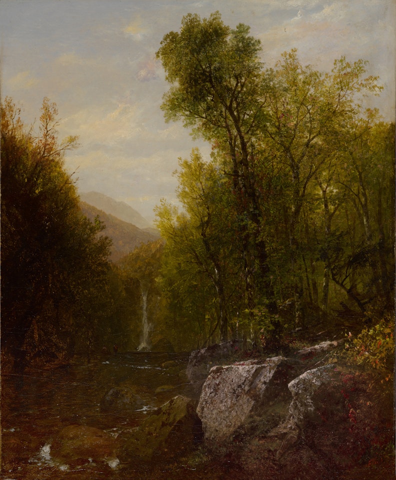 Fishing Near A Forest Waterfall by John Frederick Kensett