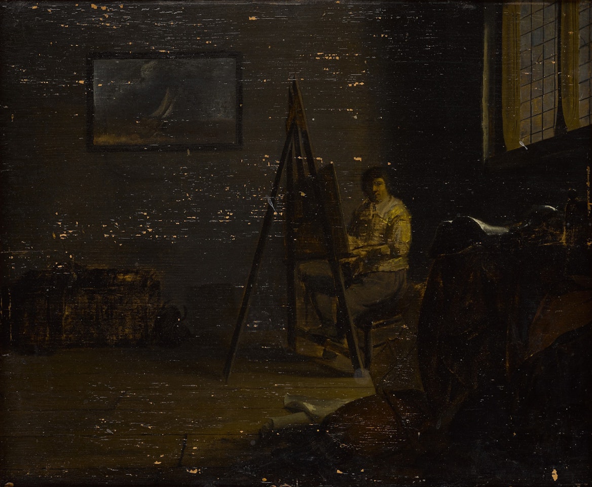 An interior with an artist at his easel by Dutch School