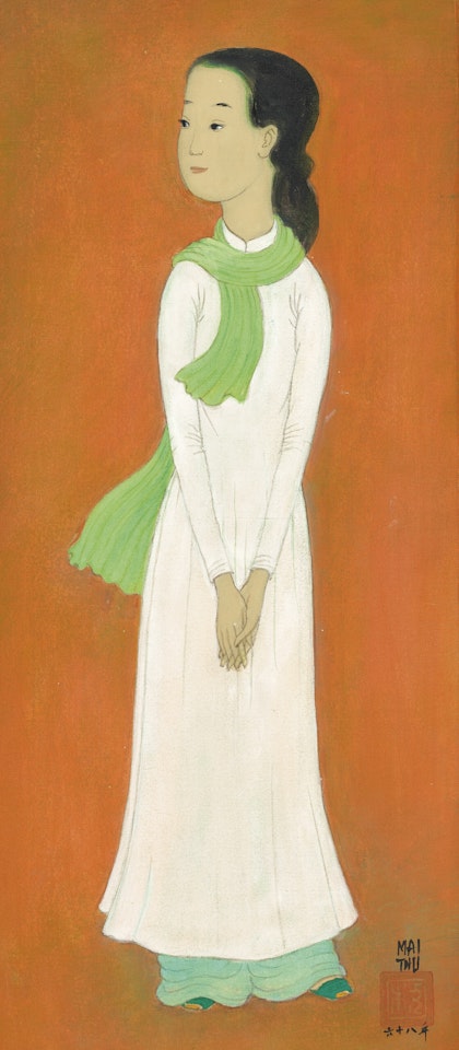 Femme en blanc à l’écharpe verte (Lady in White with a Green Scarf) by Mai Trung Thu