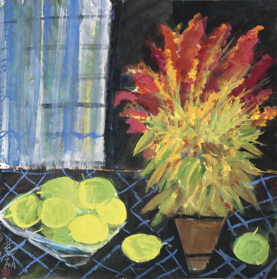 Still Life of Red Flowers and Green Mangoes by Lin Fengmian