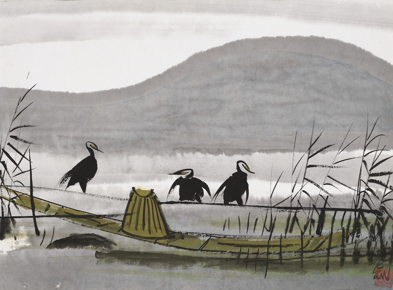 Cormorants and Reeds on a Boat by Lin Fengmian