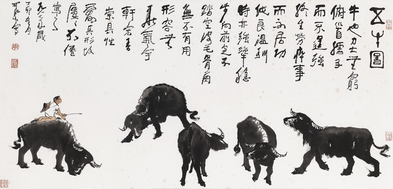 Five Buffaloes by Li Keran