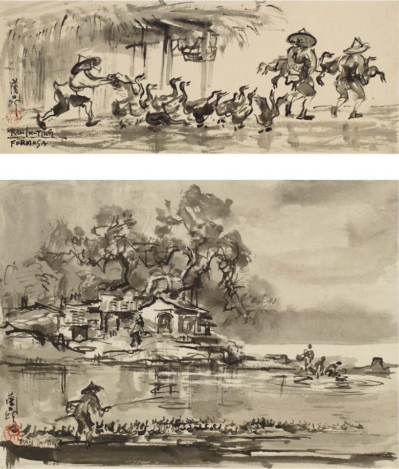 Drive Duck,Back to the Fence; Feeding Ducks by the River (a set of 2) by Ran In-Ting (Lan Yinding)
