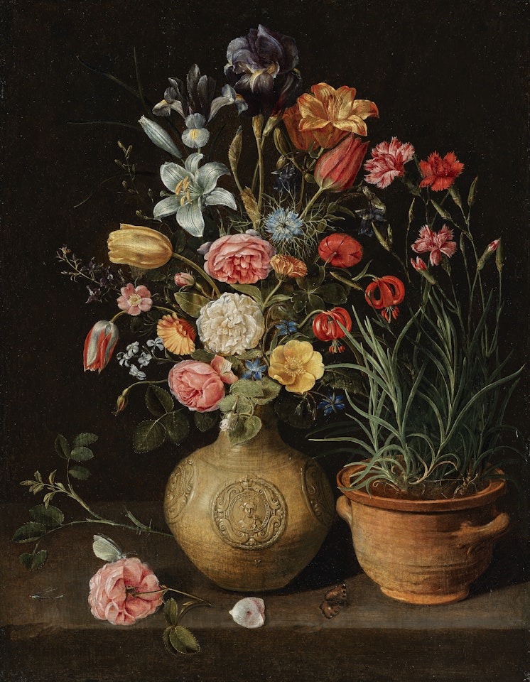 Roses, lilies, an iris and other flowers in an earthenware vase, with a pot of carnations and a butterfly on a ledge by Clara Peeters