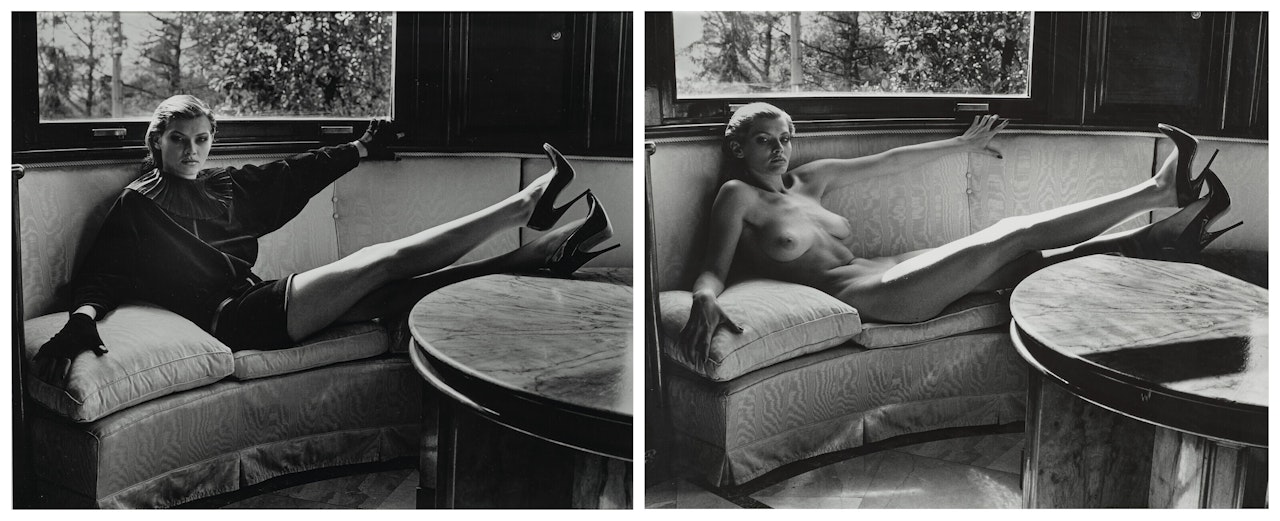 "Sylvia Reclining dressed inside the house" - "Sylvia Reclining nude inside the house", Brescia, Italie by Helmut Newton