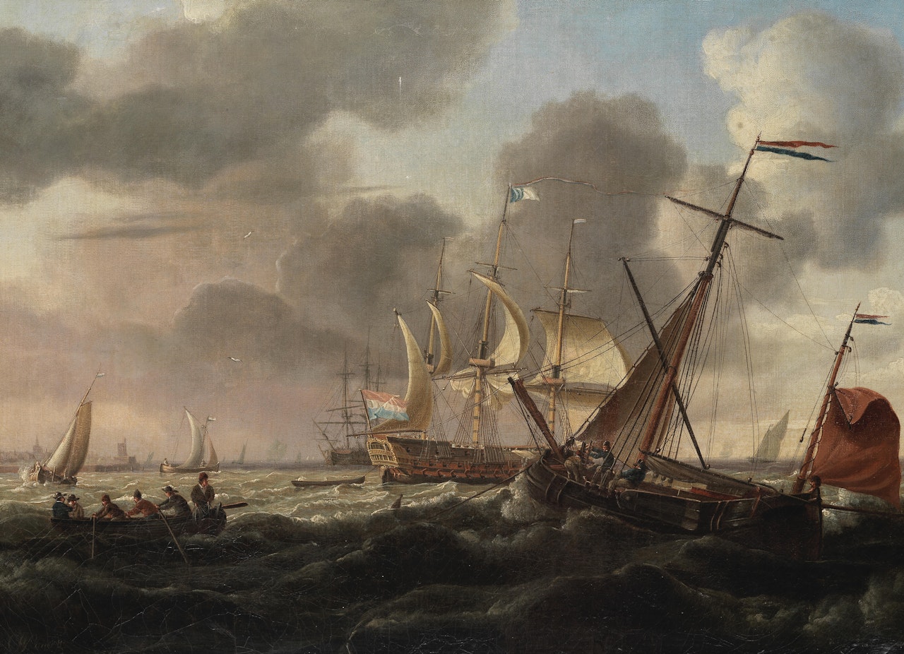 A busy Dutch harbour scene by Charles Martin Powell