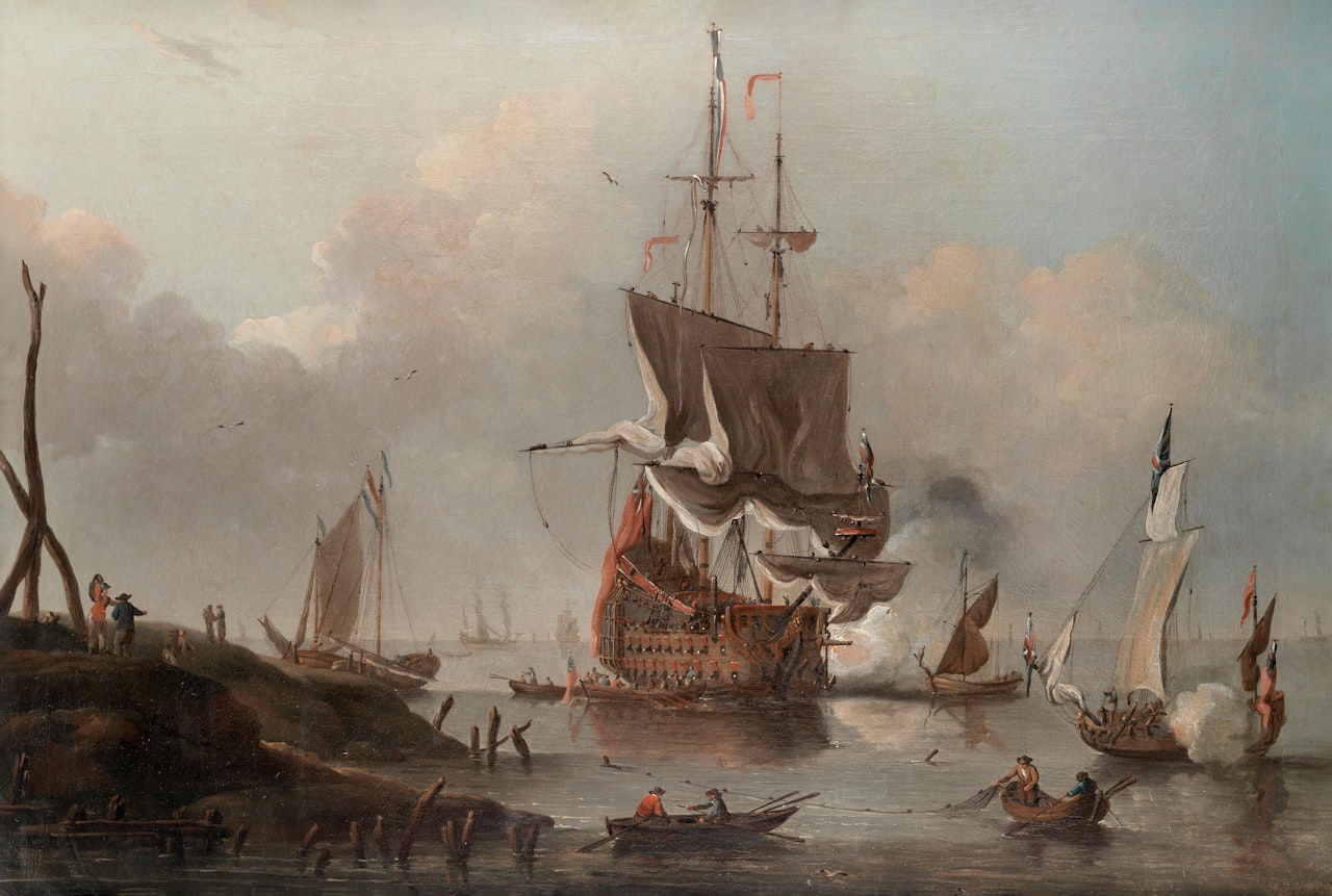 The venerable HMS Eagle making ready to sail from her offshore anchorage, probably at the Nore by Peter Monamy