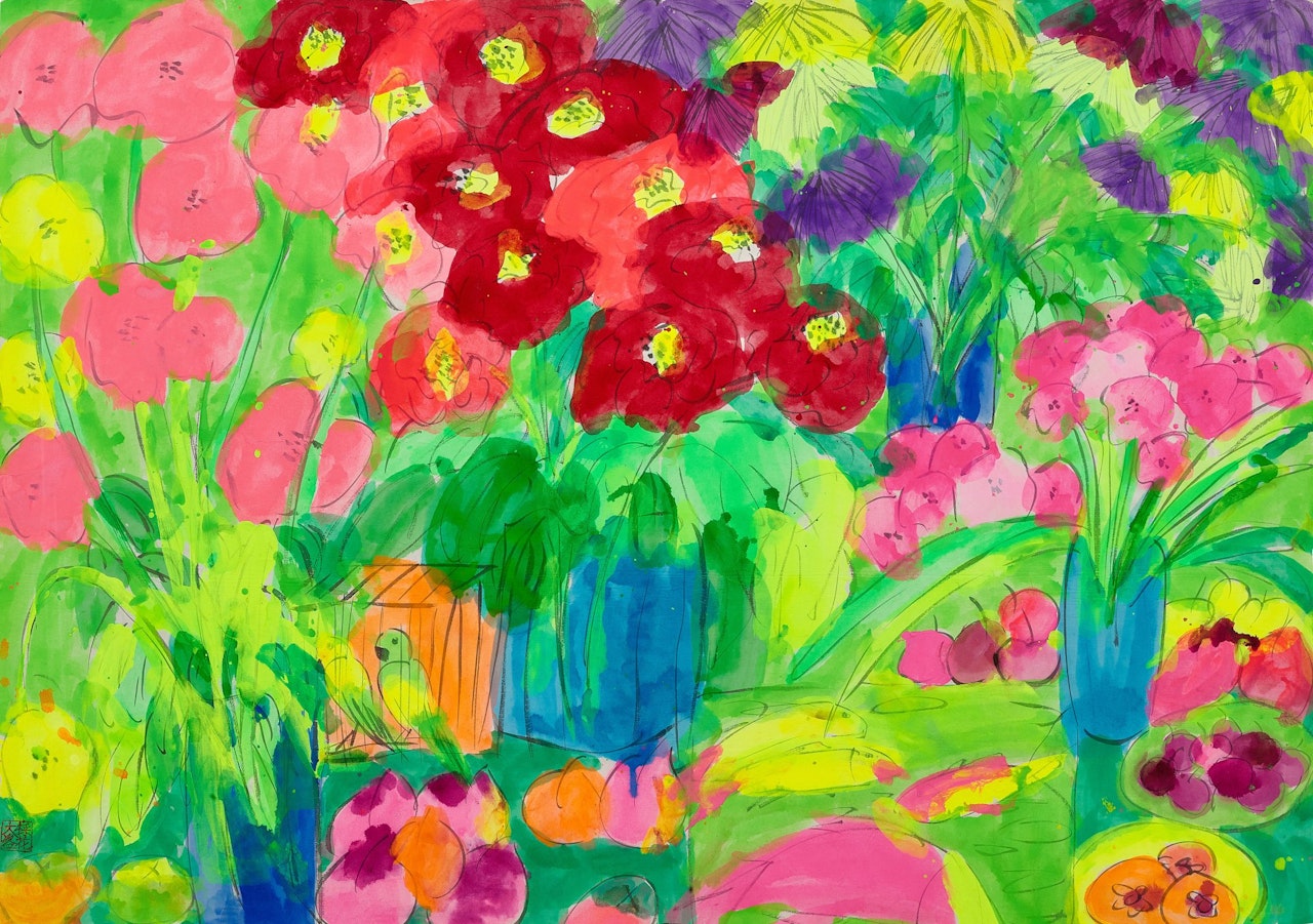 Still life with flowers and fruits by Walasse Ting