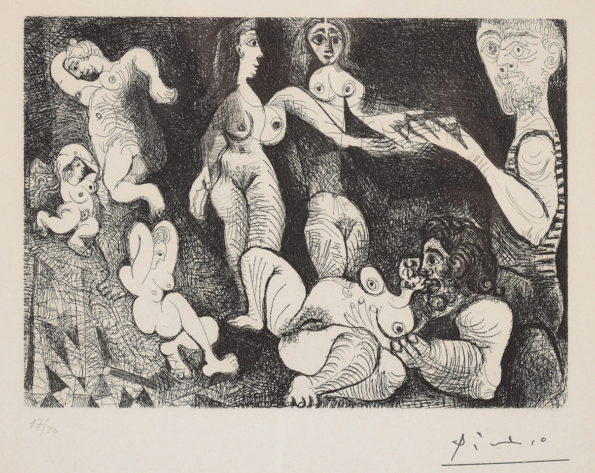 Marin rêveur avec deux femmes, couple, spectatrice et sculpture sur un escabeau (Daydreaming Sailor with Two Women), plate 9 from Séries 156 (Bl. 1864, Ba. 1869) by Pablo Picasso