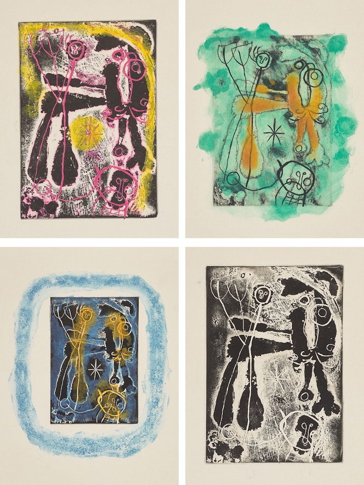 Anti-platon (Anti-Plato) by Yves Bonnefoy; La lumière de la lame (The Light of the Blade) by André du Bouchet; and Saccades (Jerks) by Jacques Dupin (D. 309-335, C. 77) by Joan Miró