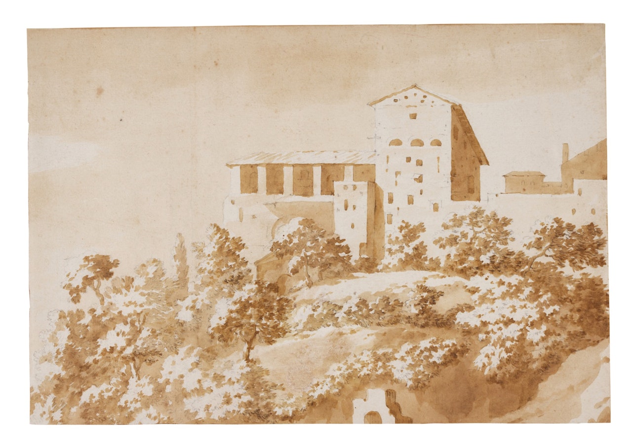 Buildings on a Hilltop in an Italianate landscape by Jan de Bisschop