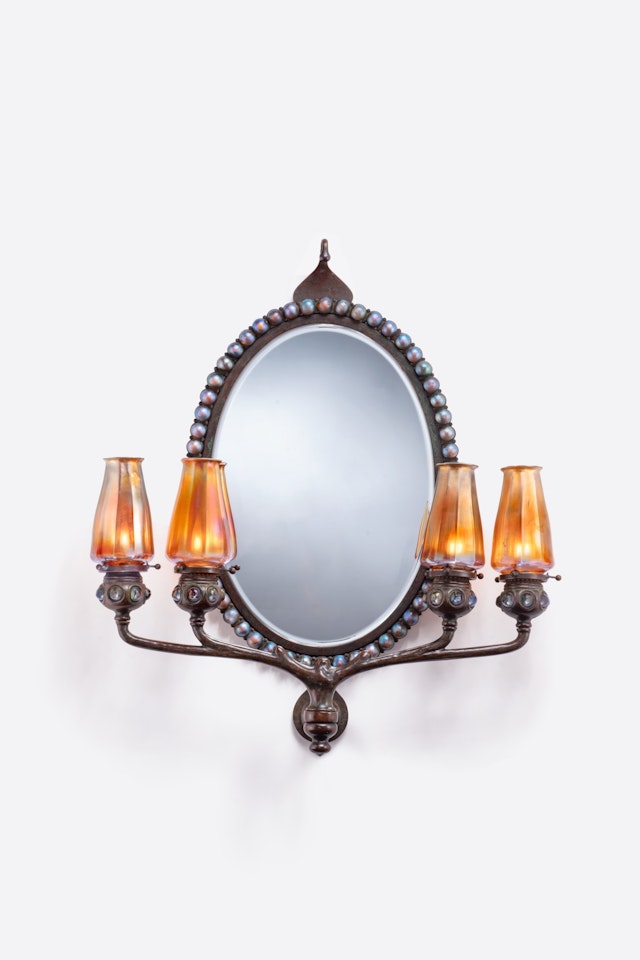Rare Jeweled Wall Mirror with Four-Light Candelabrum by Tiffany Studios