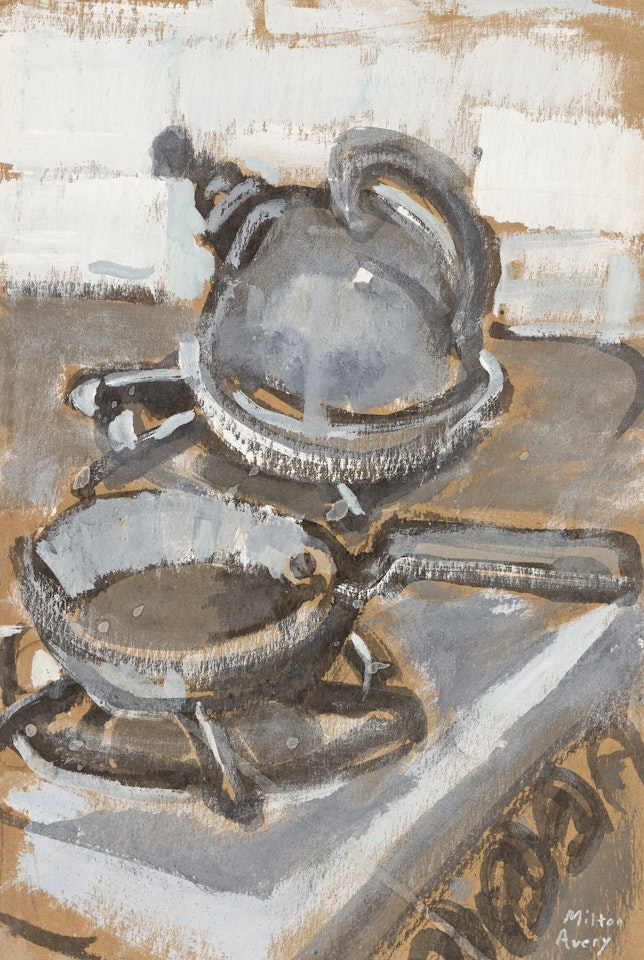 Stove Top Still Life with a Tea Kettle and Pan by Milton Avery