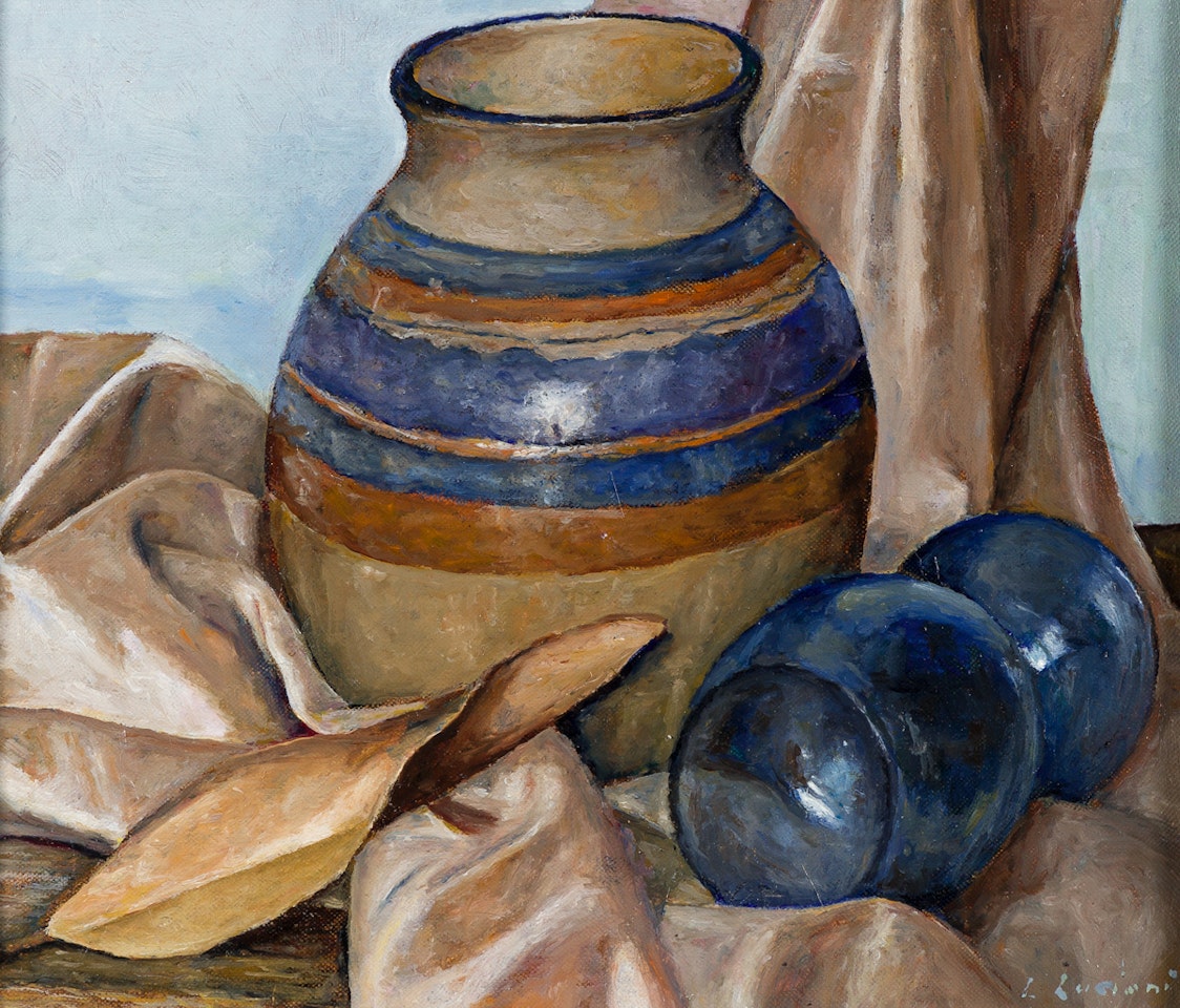 Still Life with a Vase, Glass and Magnolia Leaf by Luigi Lucioni