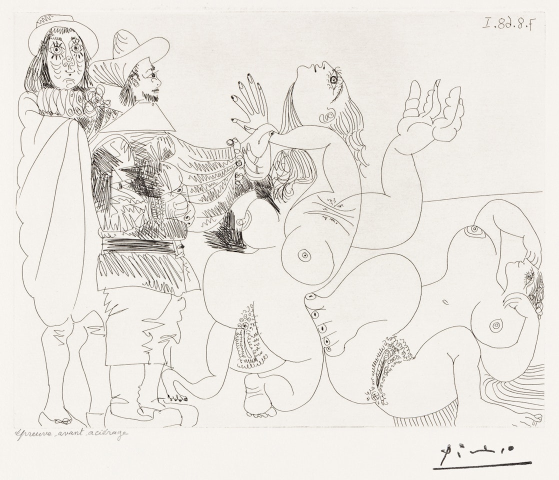 Series 347:254 (Jeune Seigneur Fantoche avec un Reître, et Deux Femmes Nues) by Pablo Picasso