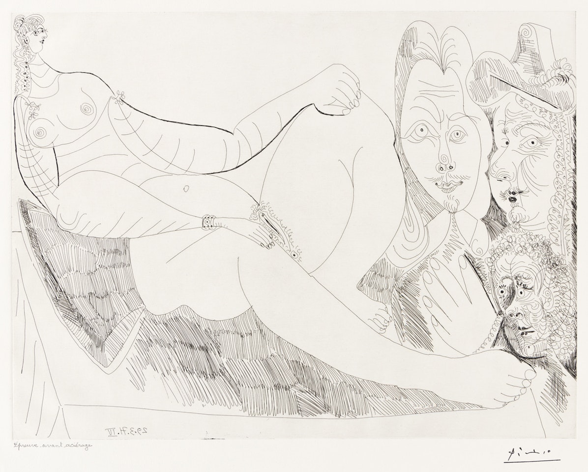 Series 156:100 (Femme au Lit vec Visiteurs en Costume du XVII Siècle) by Pablo Picasso