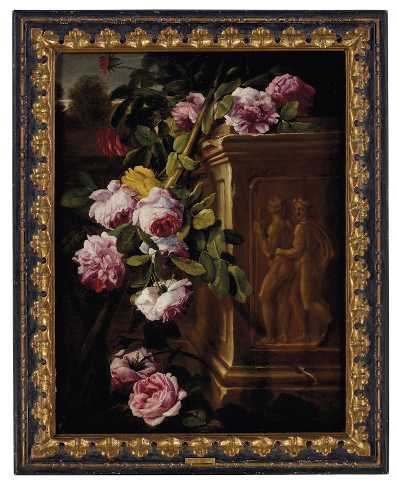 Roses in a garden with a sculpted plinth by Abraham Brueghel