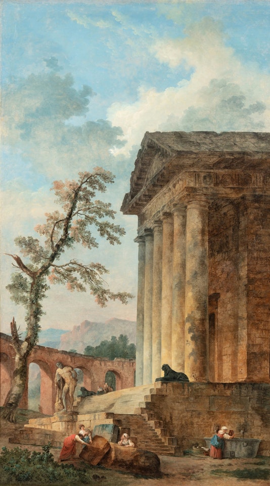 An architectural capriccio with ruins by Hubert Robert