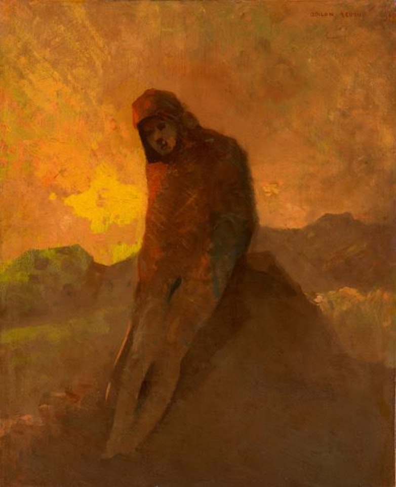 Figure in red sitting on a rock by Odilon Redon