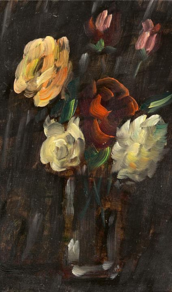 Large still life: still life on black background, light glass with pink and red roses by Alexej von Jawlensky