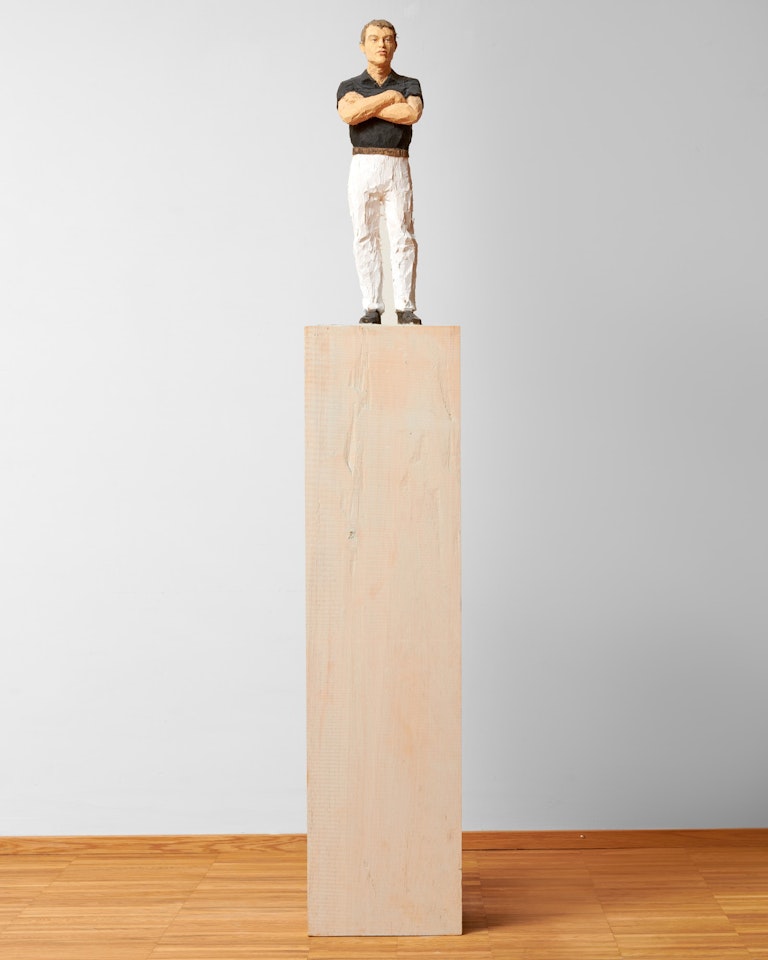 Untitled (Man with black t-shirt and white trousers) by Stephan Balkenhol