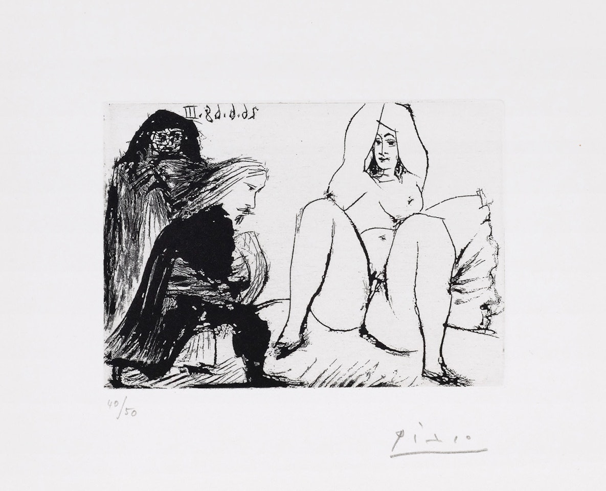 La Célestine, sa protégée, et un jeune gentilhomme (Her Protege, and a Young Gentleman), plate 190 from 347 Series (B. 1670, Ba. 1686, see C. bks 149) by Pablo Picasso