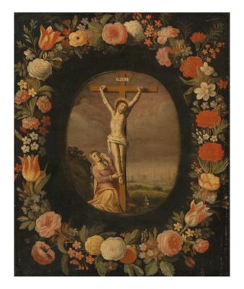 A garland of flowers around a cartouche with Mary beneath the cross by Frans Francken II
