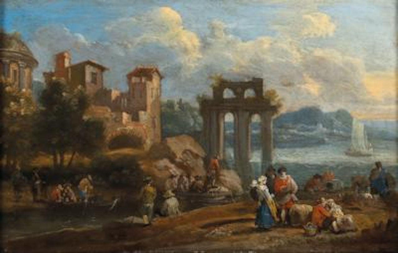 Coastal landscape with figures resting near ruins, a lake with boats beyond by Pieter Bout