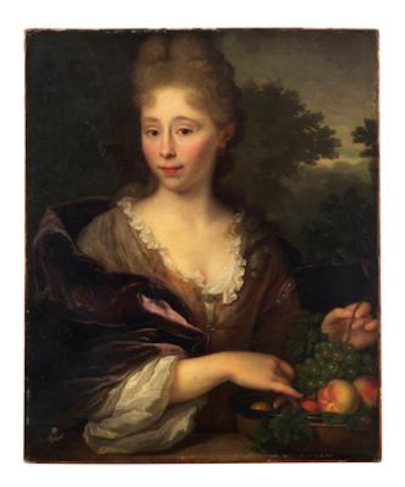Portrait of a lady, half-length, with a basket of fruit by Nicolaes Maes